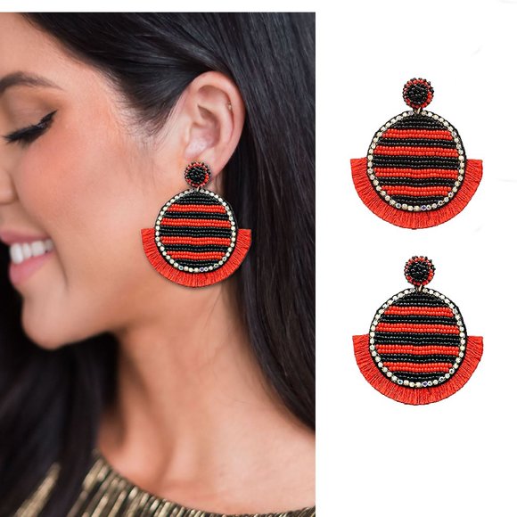 UGA Red & Black Beaded Round Earrings Rhinestone Edge Fringe Gameday Team NEW - Picture 2 of 3